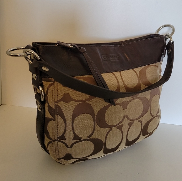 Coach Signature Jacquard/Brown Leather Bag - Picture 8 of 12